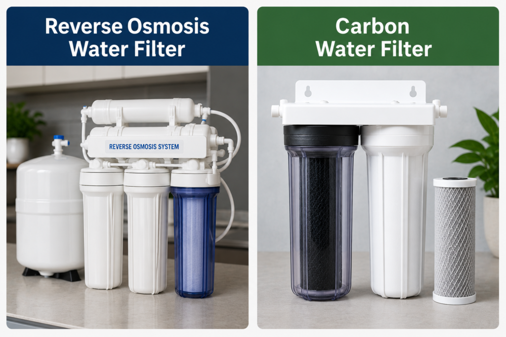 Reverse osmosis vs carbon water filters shown side by side