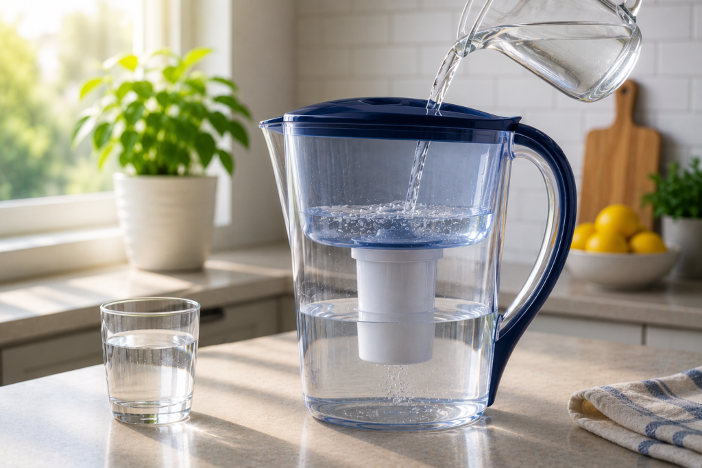 Are Water Filter Pitchers Worth It? Water filter pitcher being filled with tap water in a modern kitchen