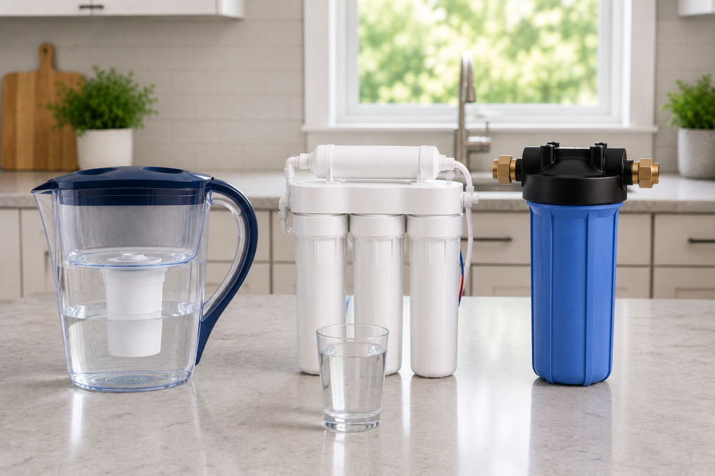 Do Water Filters Remove Chlorine? Three common water filter types including a filter pitcher, reverse osmosis system and whole-house filter