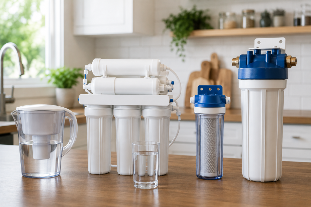 Do Water Filters Remove Fluoride? Different water filtration systems displayed in a modern kitchen
