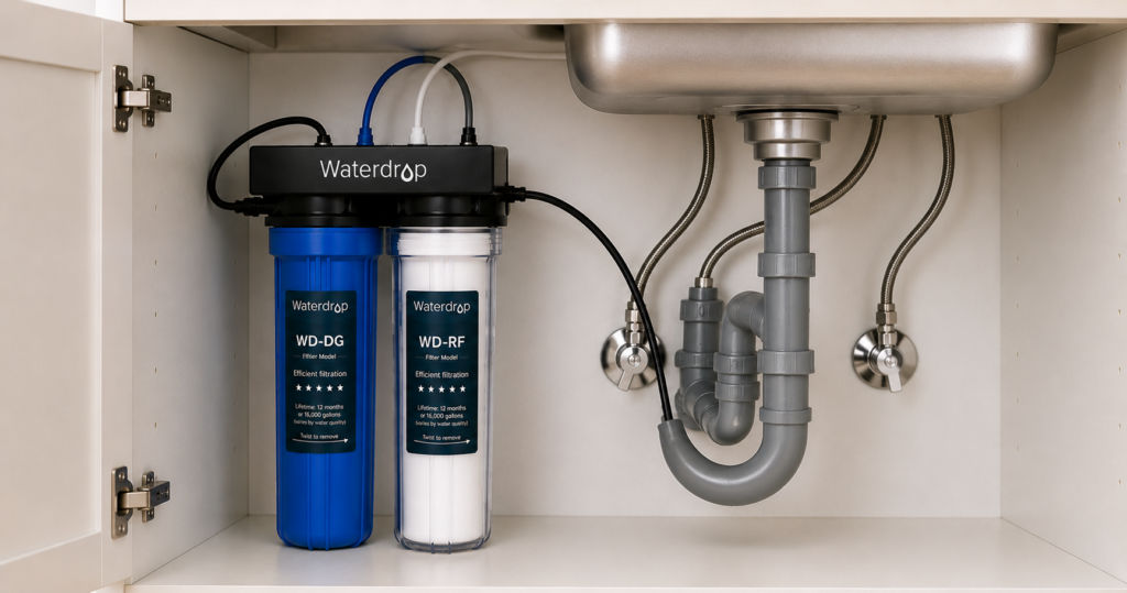 Do Water Filters Remove PFAS? Under-sink water filtration system installed beneath a modern kitchen sink.