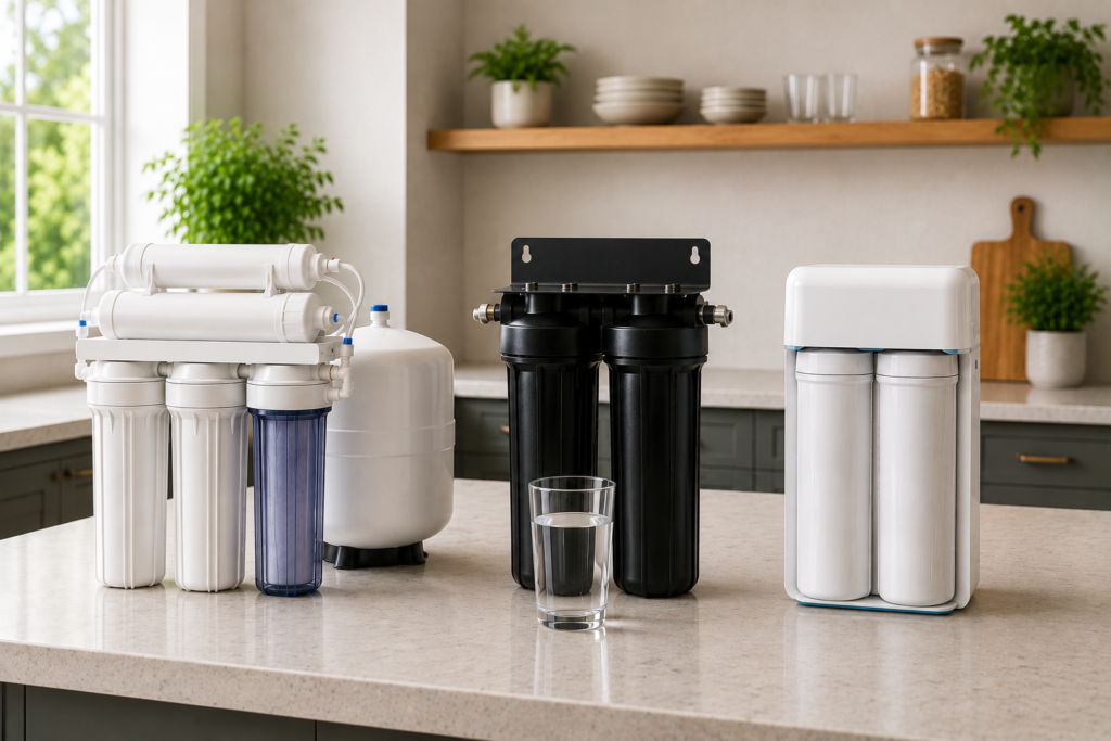 Do Water Filters Remove Microplastics? Three common water filtration systems displayed in a modern kitchen.