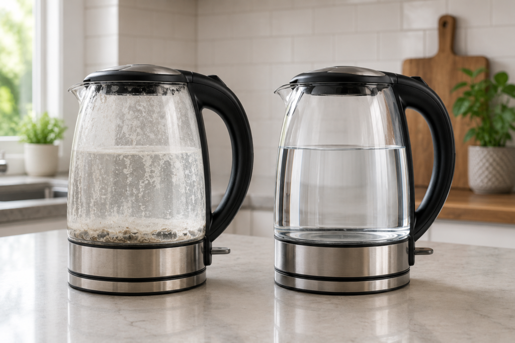 Hard Water vs Soft Water comparison showing a limescale-covered kettle beside a clean kettle
